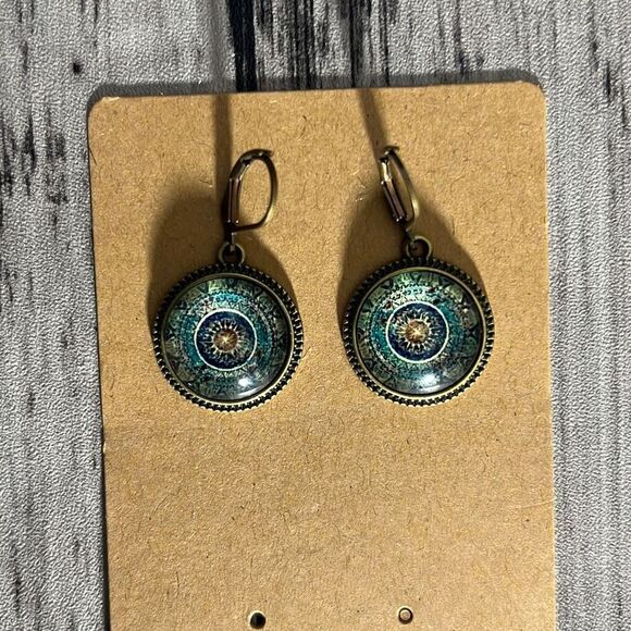 Antique Brass Mandala Glass Earrings — Boho Blue Art Deco Drop Style - Picture 5 of 5
